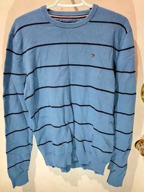 Tommy Hilfiger Light Blue Crewneck Sweater with Navy Stripes